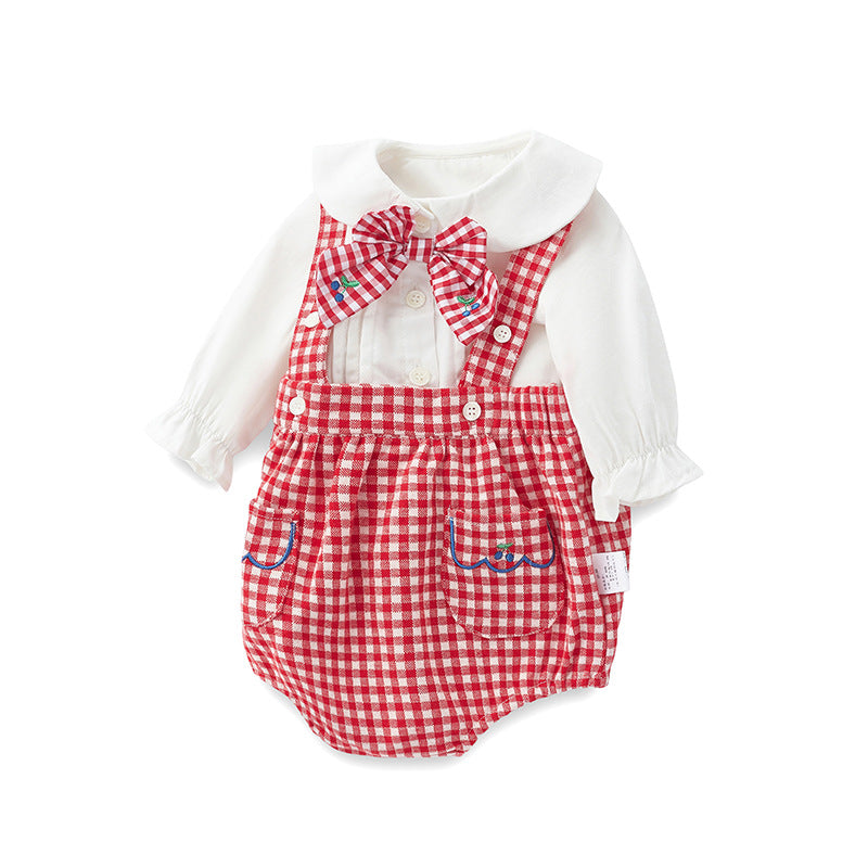 Cute Kids Plaid Romper Set Spring and Autumn New Style Triangle One-Piece 2-Piece Overalls Baby Bodysuit