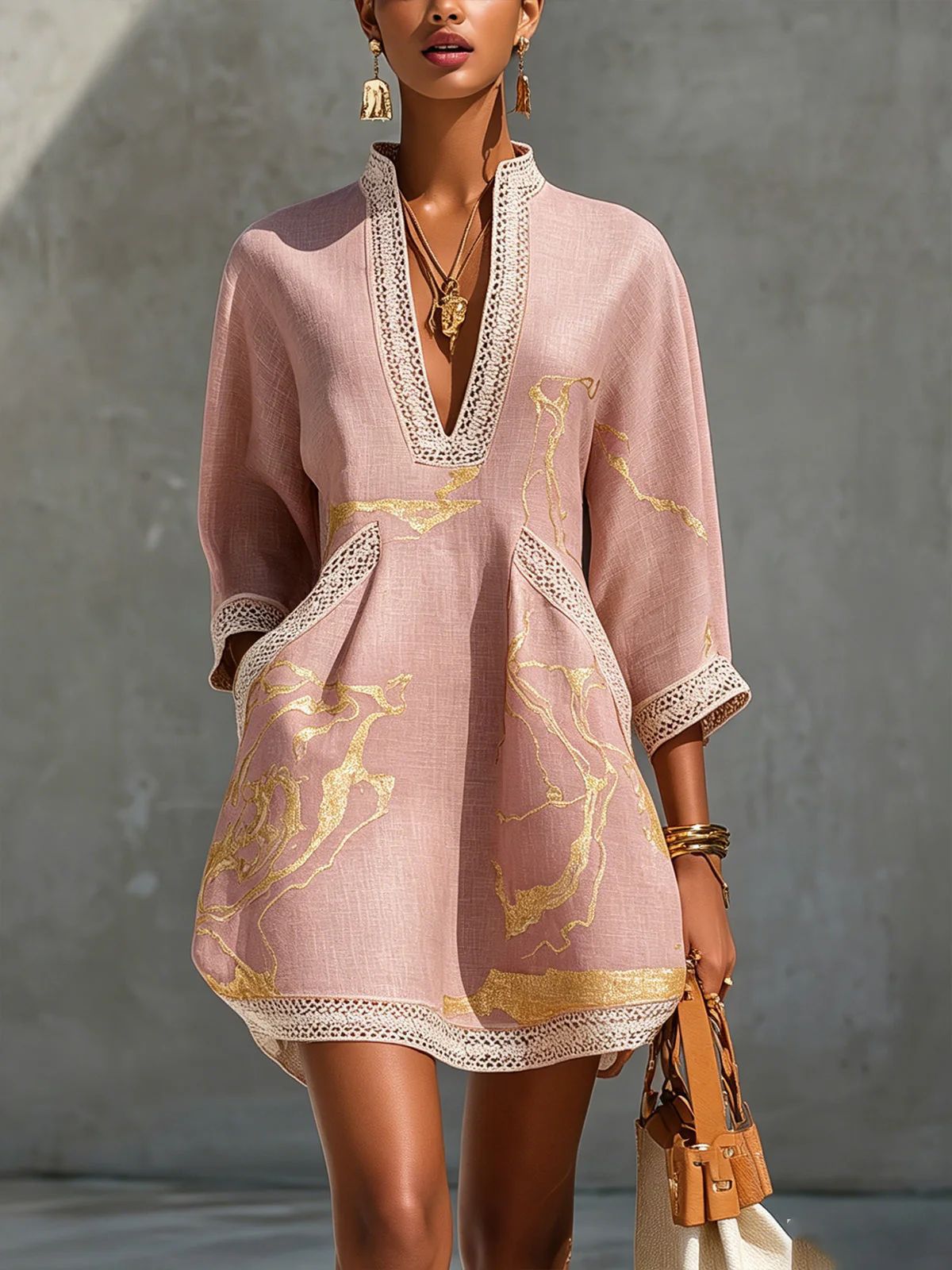 Printed lace trimmed seven quarter sleeved cotton linen short dress