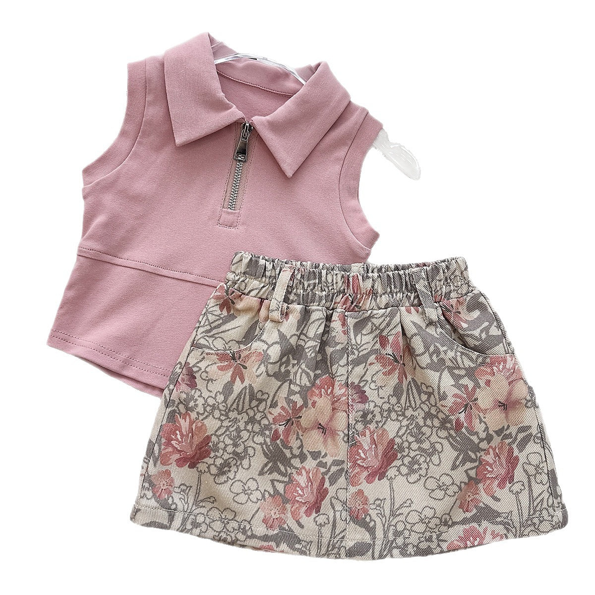 Casual Two-Piece Set for Girls Summer Floral Print Sleeveless Zipper Top and Skirt Pants Sporty Style Outfit