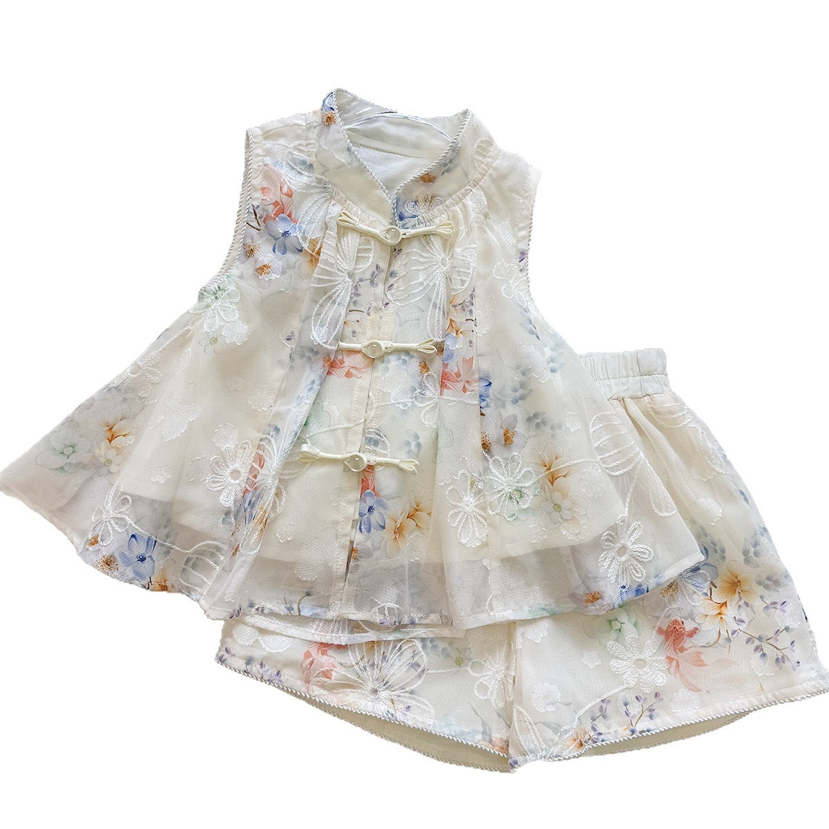 Chic New Floral Tank Top and Shorts Set for Girls, Fashionable National Style Two-Piece Outfit