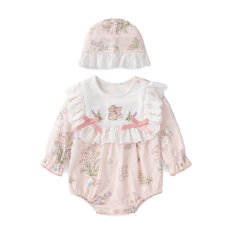 Baby Pure Cotton Bodysuit Princess Print Full Moon Onesie with Hood for Girls Spring/Autumn Wear