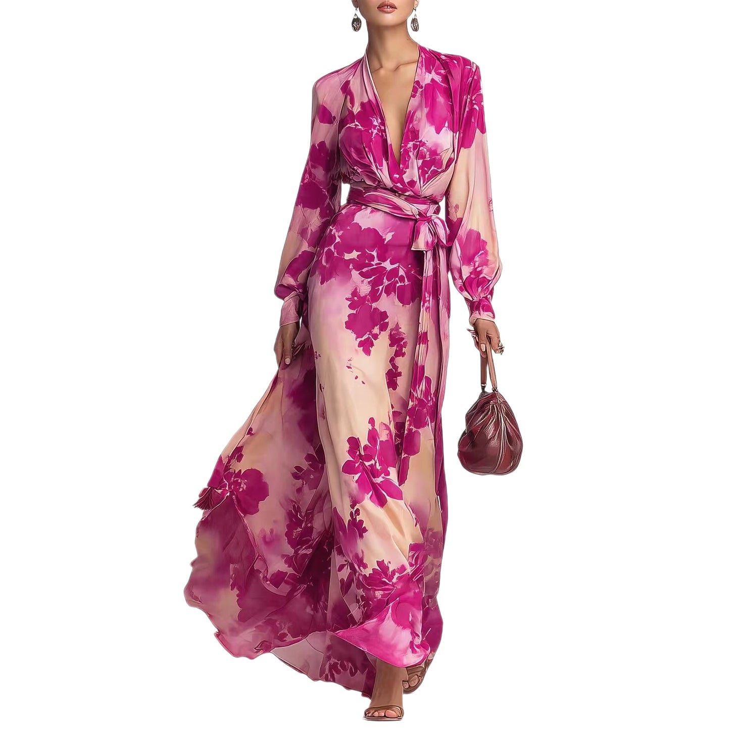 Printed Chiffon Long Sleeve V-Neck Tie-Up Dress Elegant Chic Spring New Long Dress