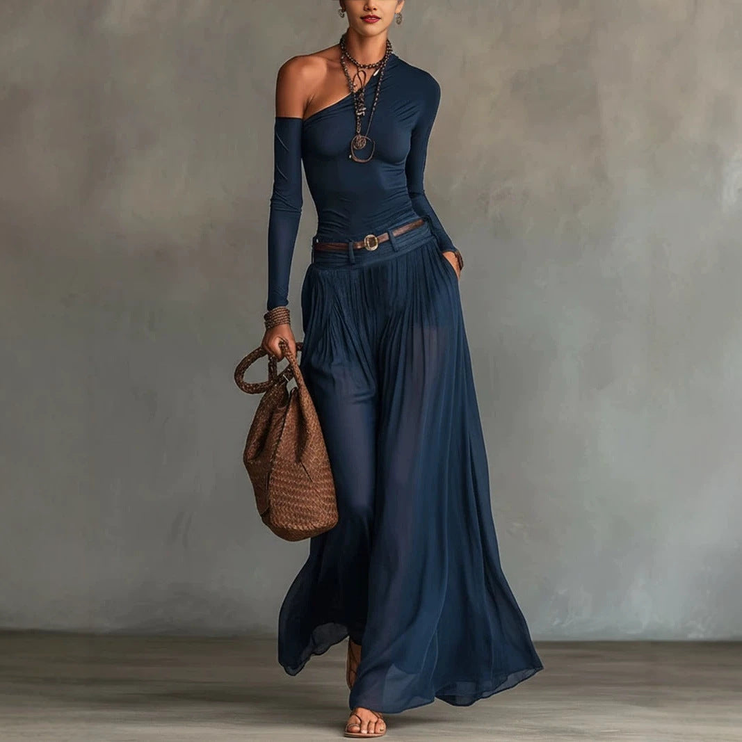 Fashionable Simple Solid Color Asymmetrical Shoulder Long Sleeve Casual Set with Belted Long Dress
