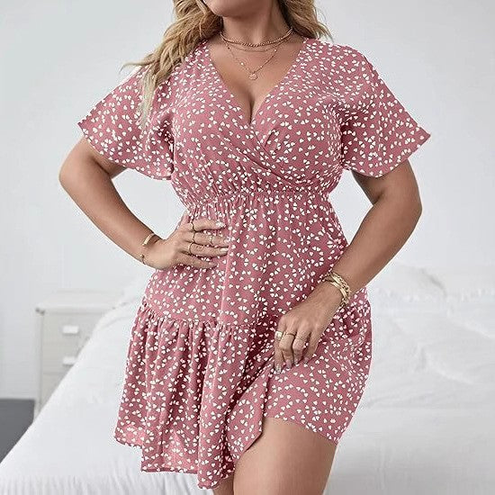 Women's V-Neck Ruffled Short-Sleeve Wrap Dress