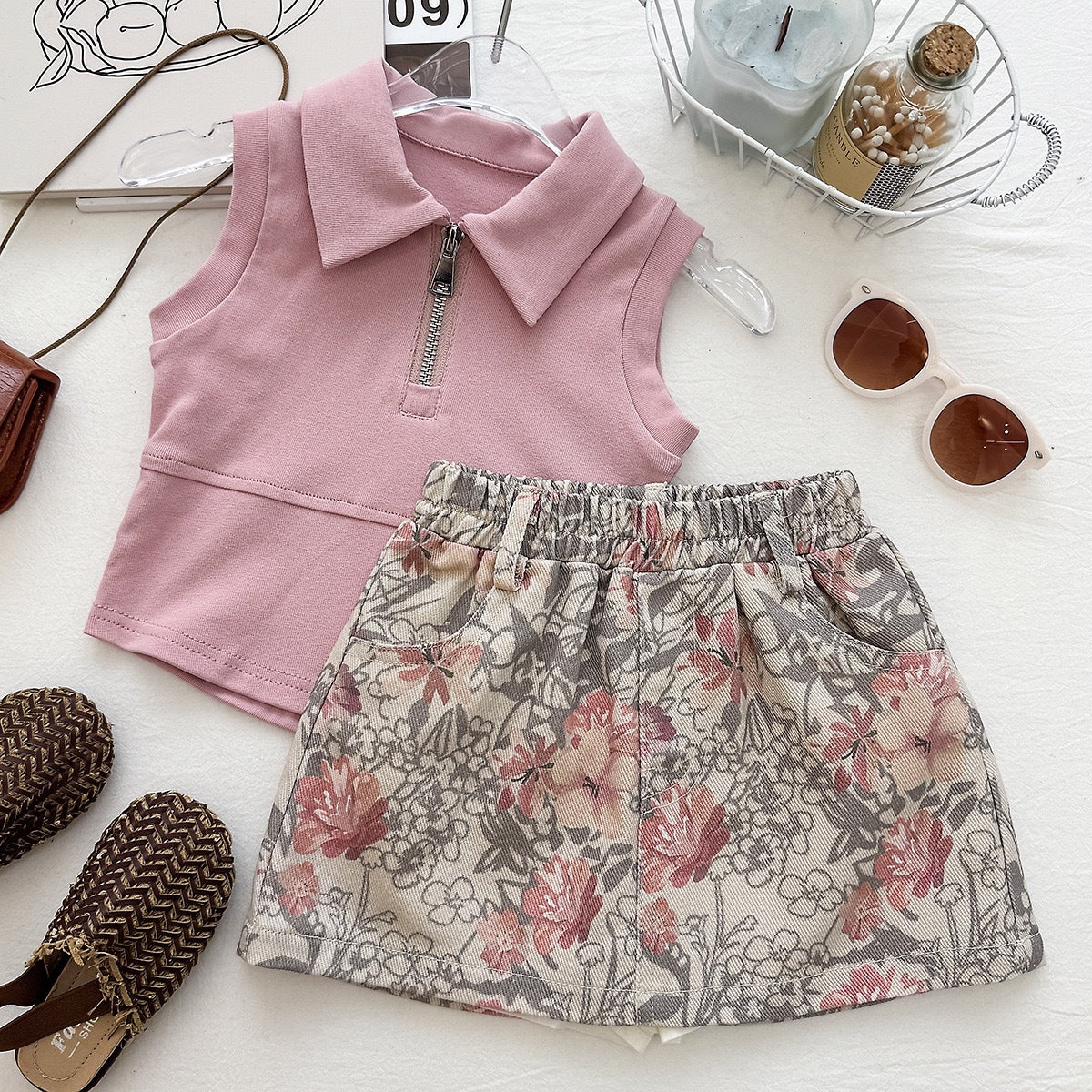Casual Two-Piece Set for Girls Summer Floral Print Sleeveless Zipper Top and Skirt Pants Sporty Style Outfit