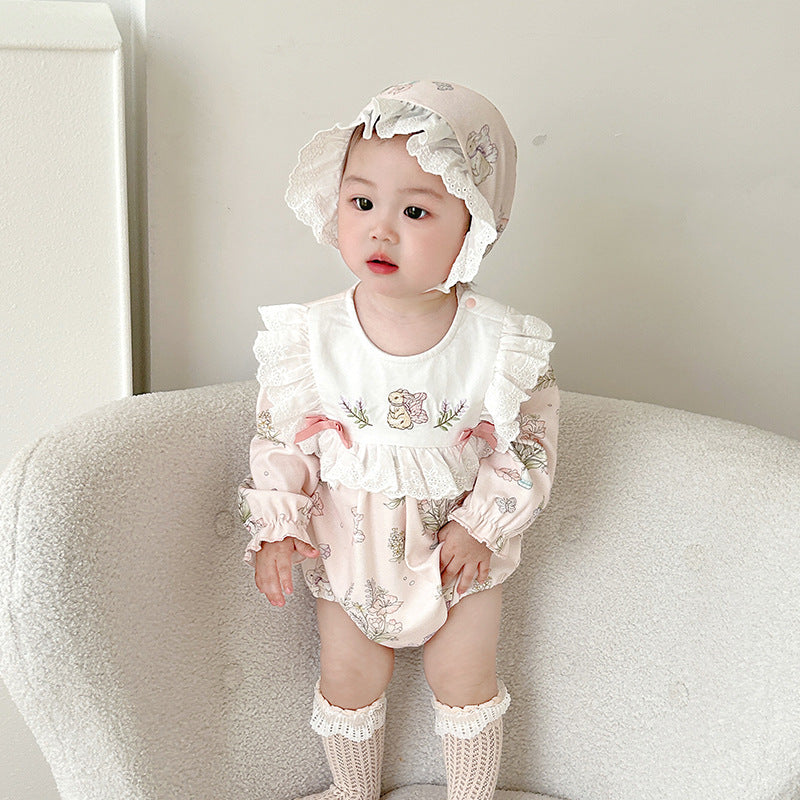 Baby Pure Cotton Bodysuit Princess Print Full Moon Onesie with Hood for Girls Spring/Autumn Wear
