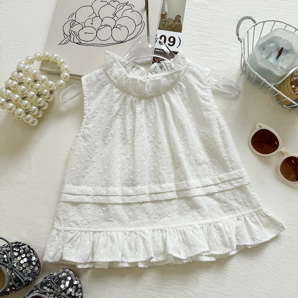 Summer Girls' Set Embroidered Flower Sleeveless Top Lace Wide Leg Pants Two-Piece Outfit