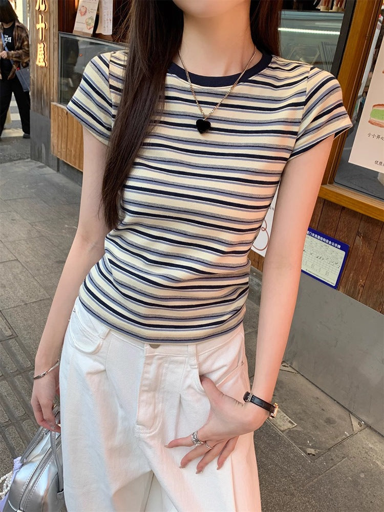 Retro Striped Short Sleeve T-Shirt for Women