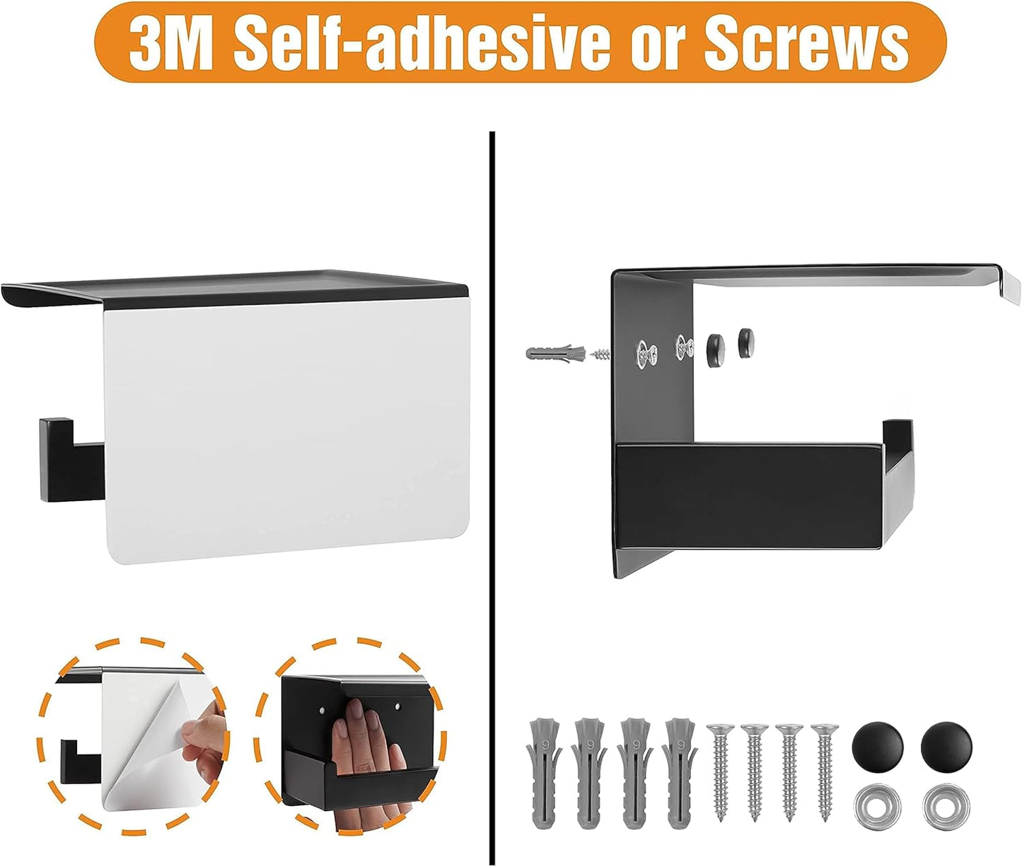 Toilet Paper Holder with Shelf, Stick on Matte Black Toilet Paper Roll Holder, Self Adhesive or Wall-Mount with Screws for Bathroom,Washroom