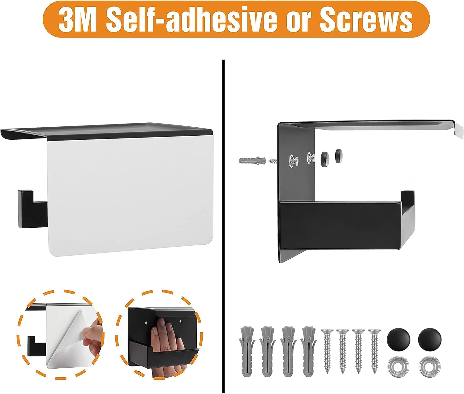Toilet Paper Holder with Shelf, Stick on Matte Black Toilet Paper Roll Holder, Self Adhesive or Wall-Mount with Screws for Bathroom,Washroom