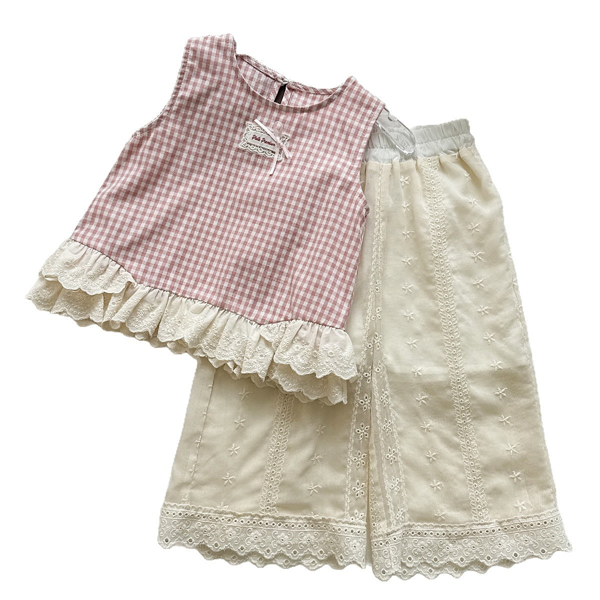 Wide-leg Pants Set with Lace Trim for Girls, Casual Two-Piece Outfit