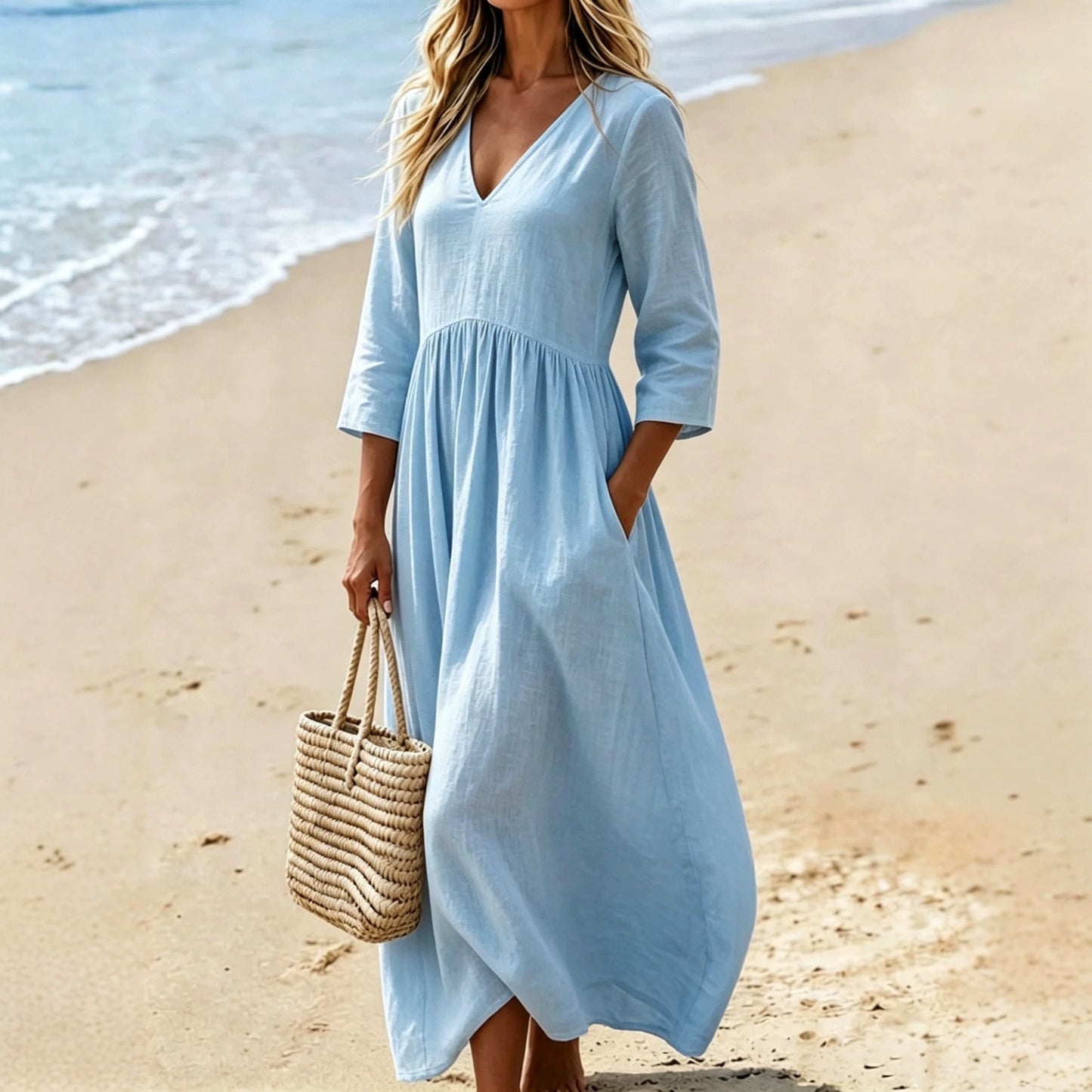 Solid color V-neck dress for women