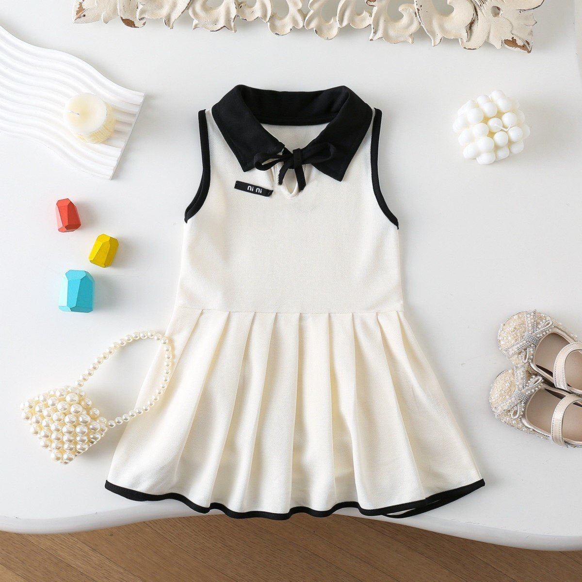 Sleeveless Turn-down Collar Bow Vest Dress for Girls Casual Pleated Skirt