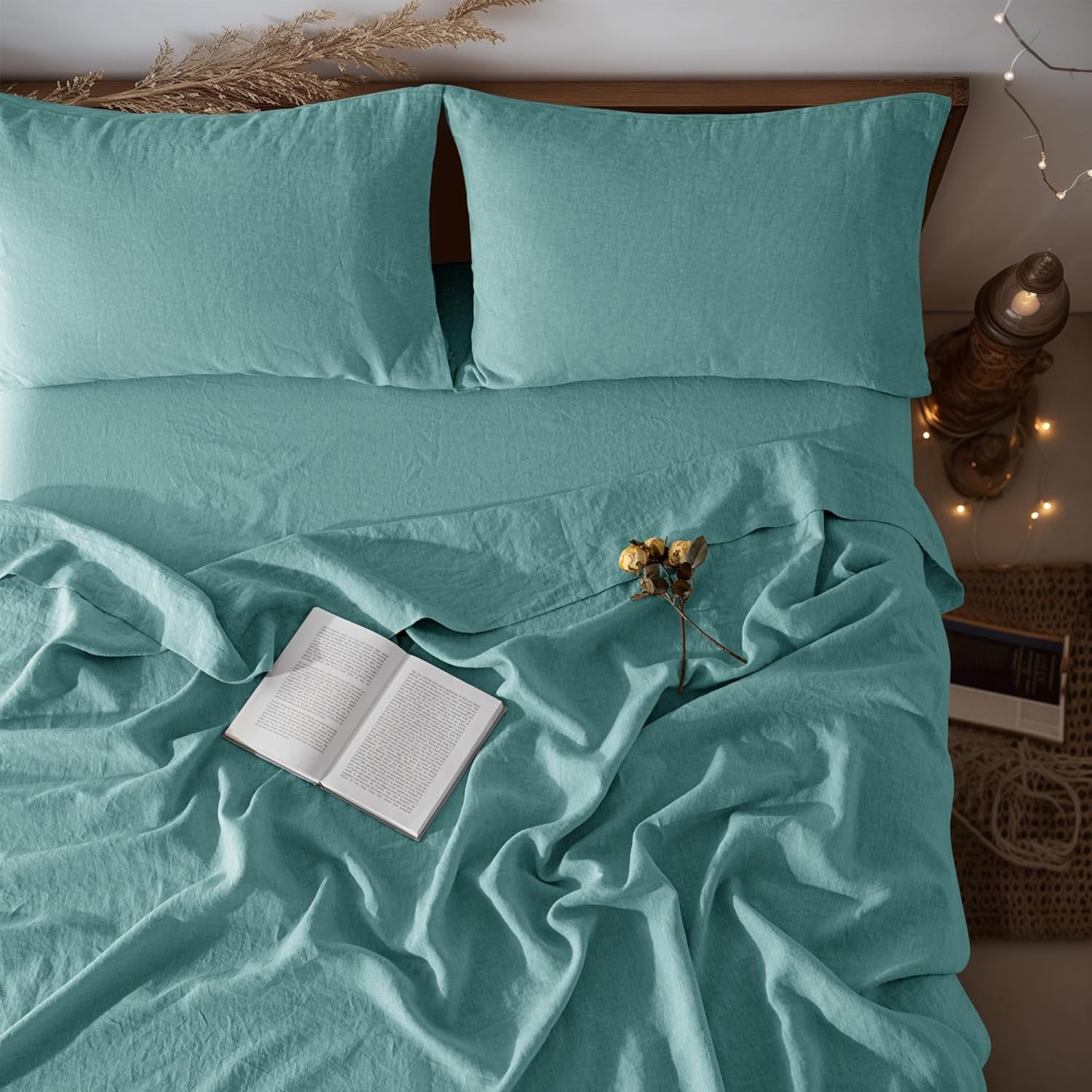 100% Pure Linen Sheet Set Deep Pocket up to 16" Bed Sheets Sets, Natural Flax Beddings Soft, Breathable, Comfortable for All Seasons Twin Size, Aqua