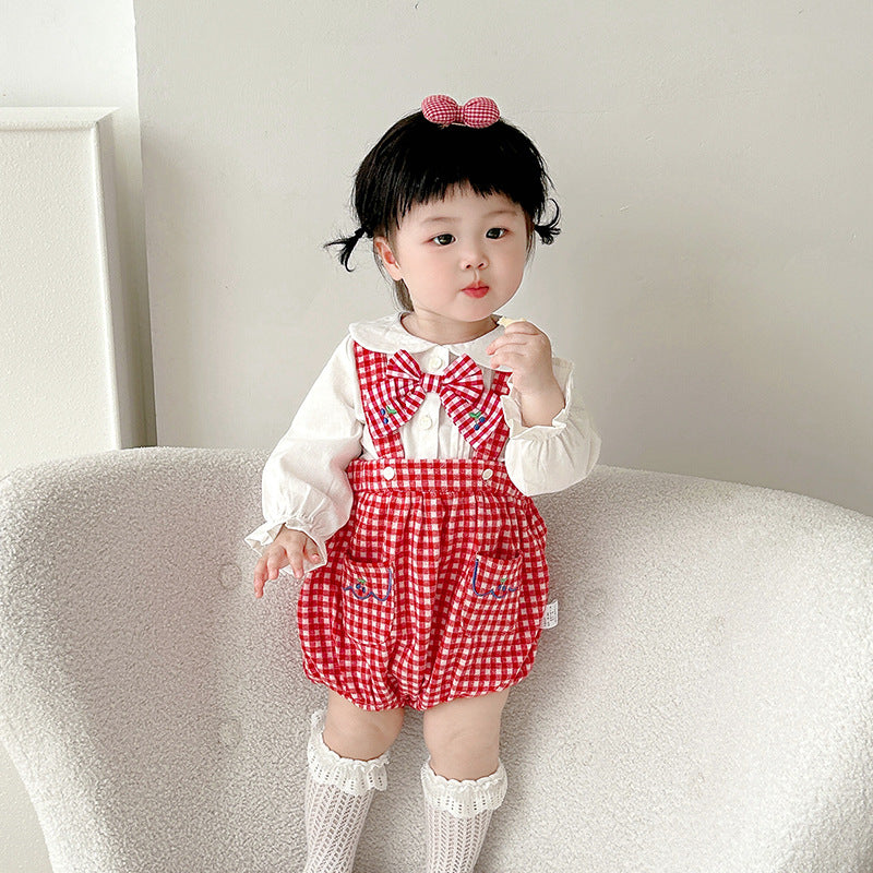 Cute Kids Plaid Romper Set Spring and Autumn New Style Triangle One-Piece 2-Piece Overalls Baby Bodysuit