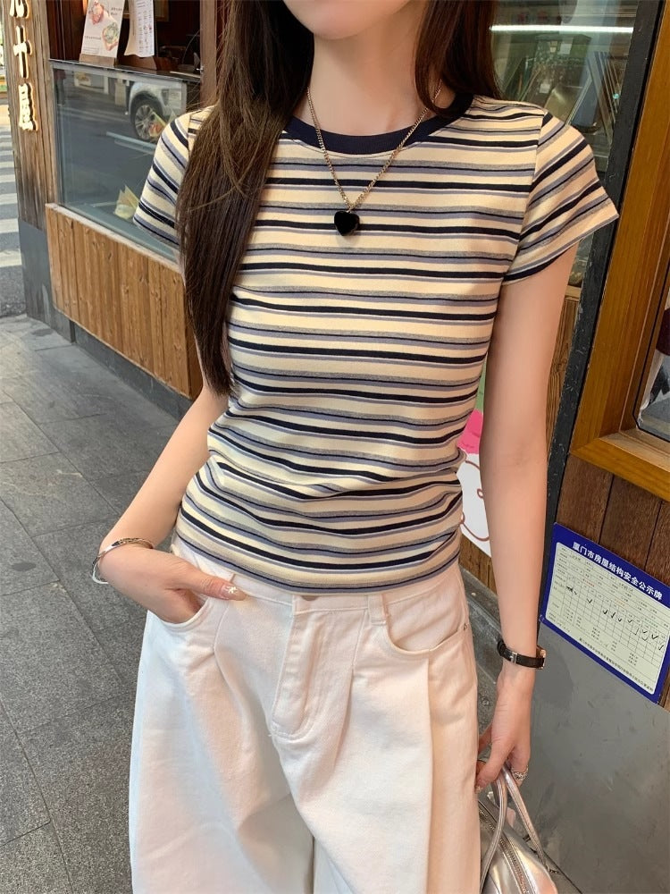 Retro Striped Short Sleeve T-Shirt for Women