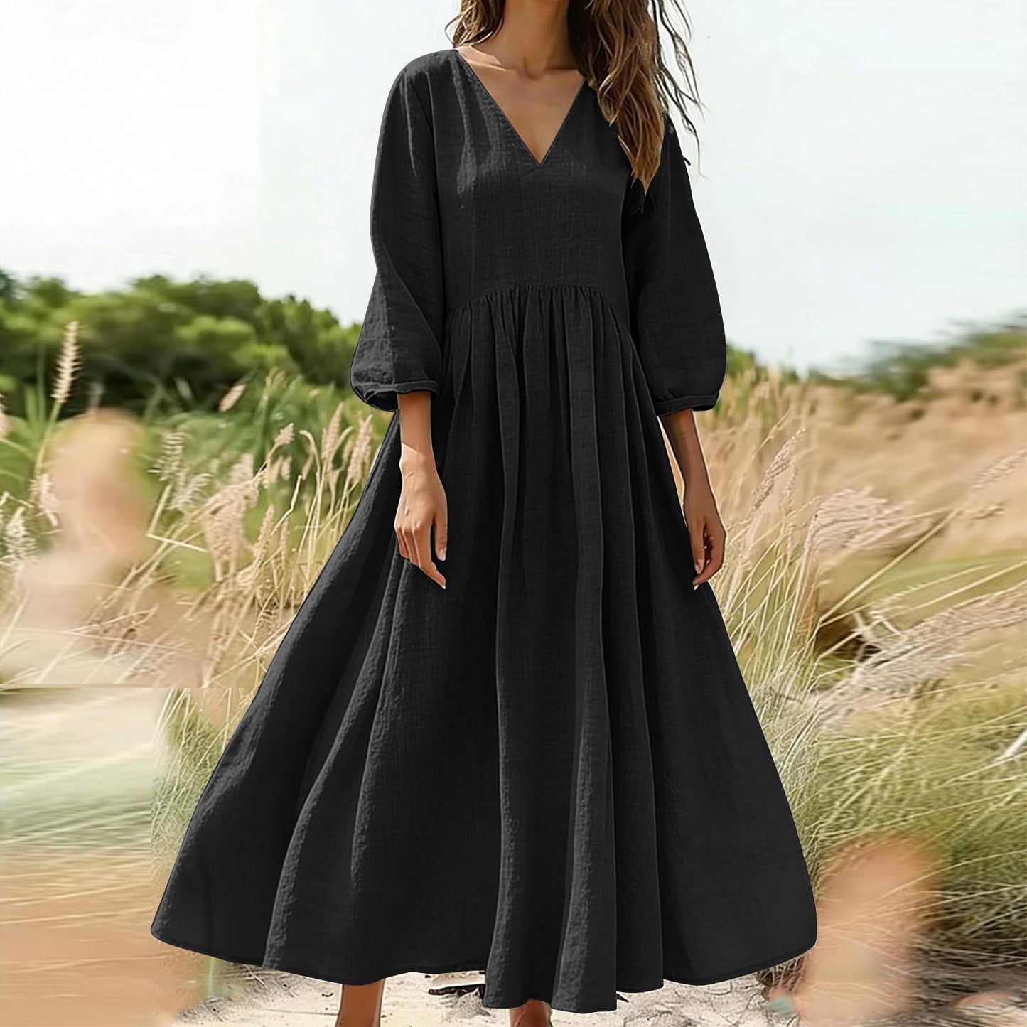 V-neck pleated dress