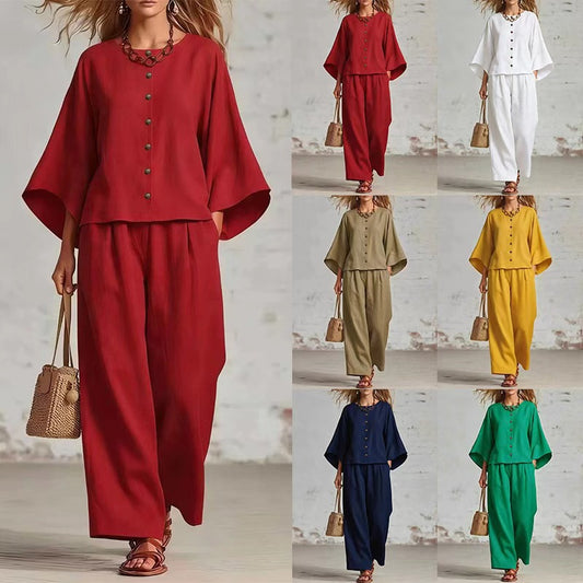 Womens Cotton Linen Wide Leg Pants Set