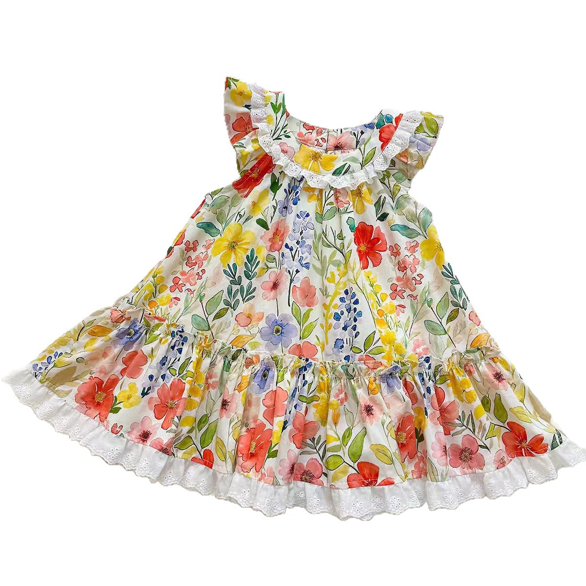 Floral Print Sleeveless Dress for Girls with Peter Pan Collar and Lace Trim Princess Style Dress