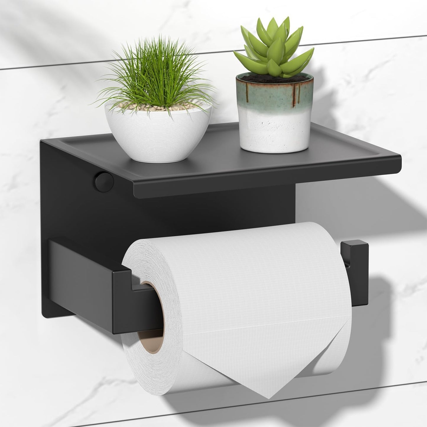 Toilet Paper Holder with Shelf, Stick on Matte Black Toilet Paper Roll Holder, Self Adhesive or Wall-Mount with Screws for Bathroom,Washroom