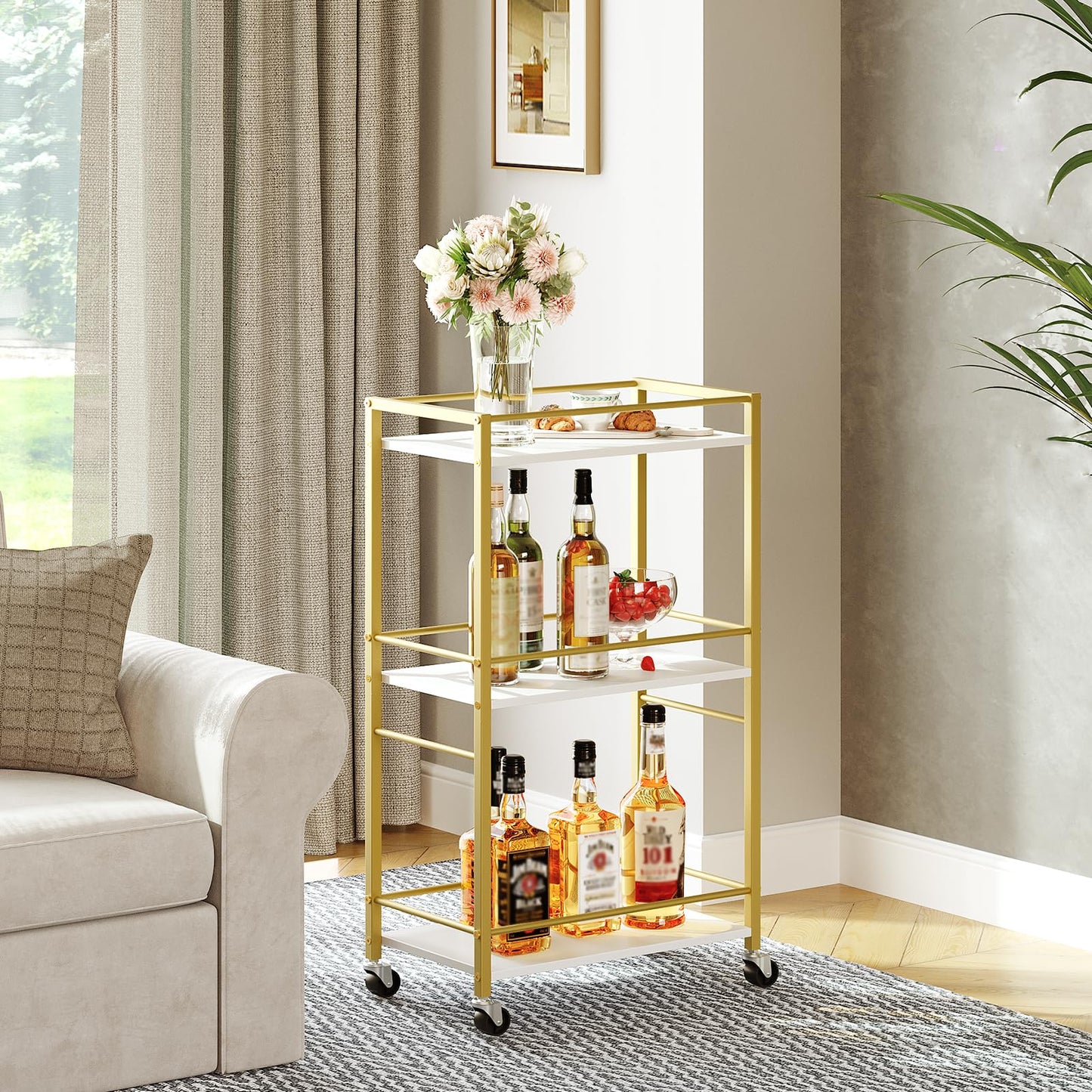 Gold Rolling 3 Mirrored Shelves Bar Cart with Wheels and Handle