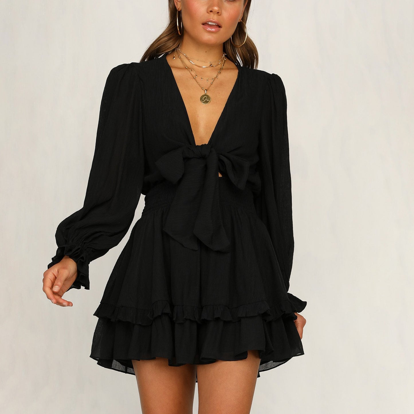 Womens V-Neck Long Sleeve Dress