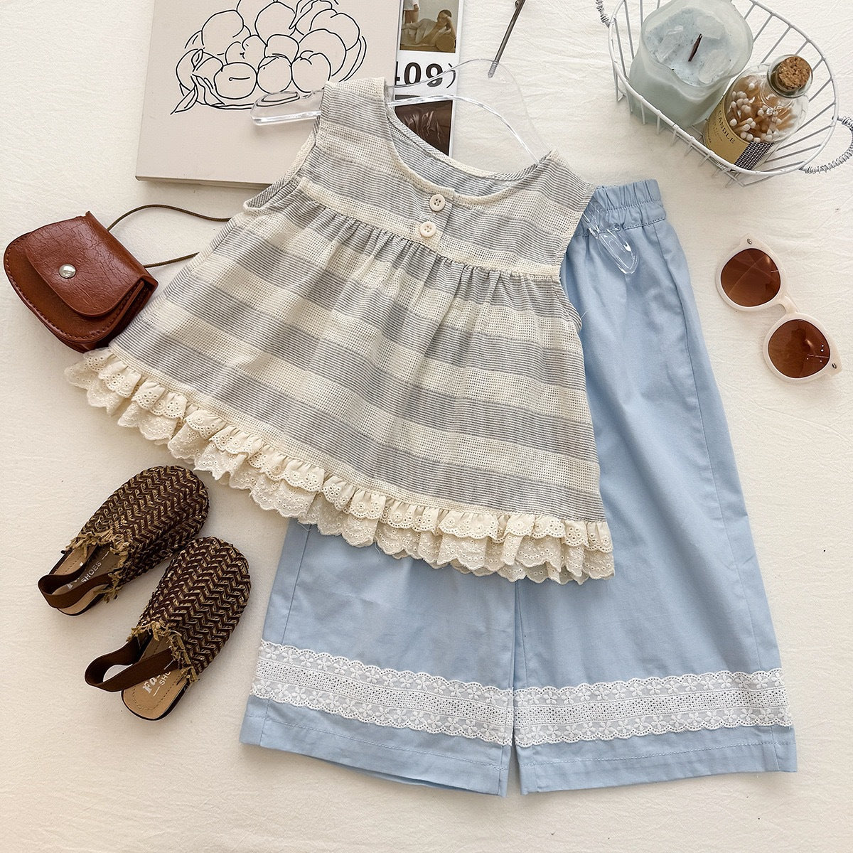 Chic Striped Lace Tank Top with Ruffle Wide-Leg Pants Two-Piece Set for Girls Summer Outfit