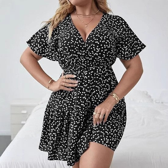 Women's V-Neck Ruffled Short-Sleeve Wrap Dress