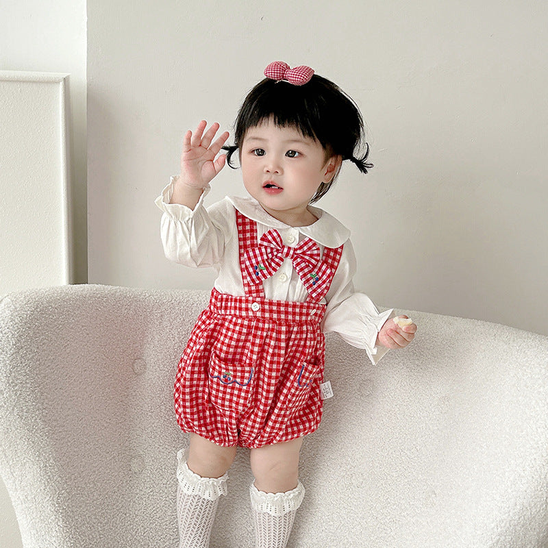 Cute Kids Plaid Romper Set Spring and Autumn New Style Triangle One-Piece 2-Piece Overalls Baby Bodysuit
