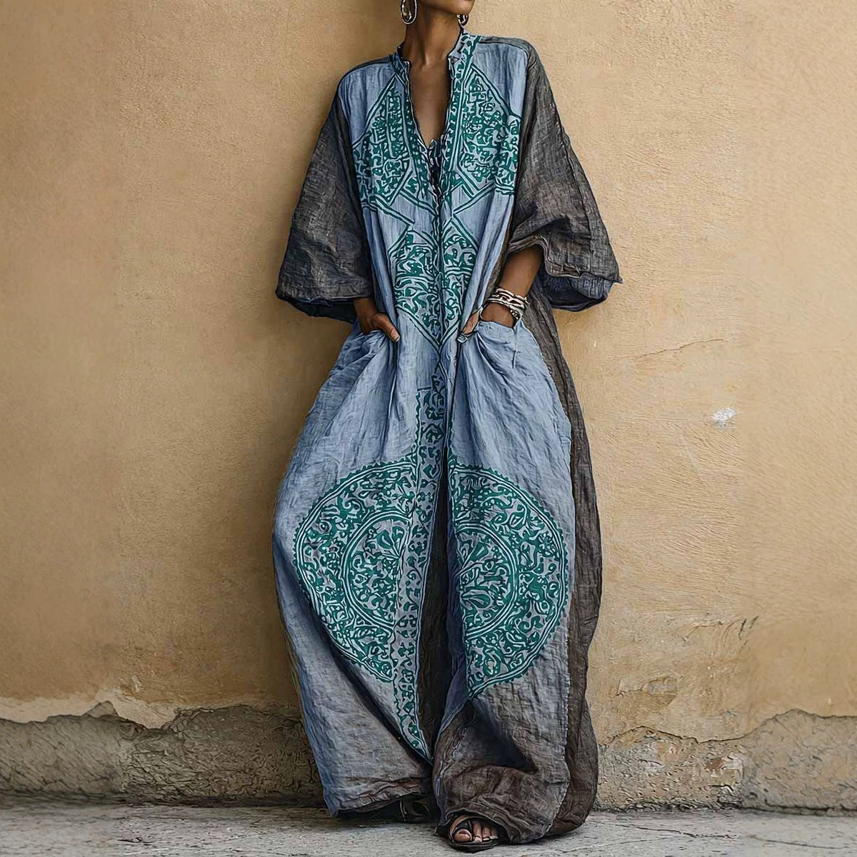 Printed Bohemian style wide leg jumpsuit for women