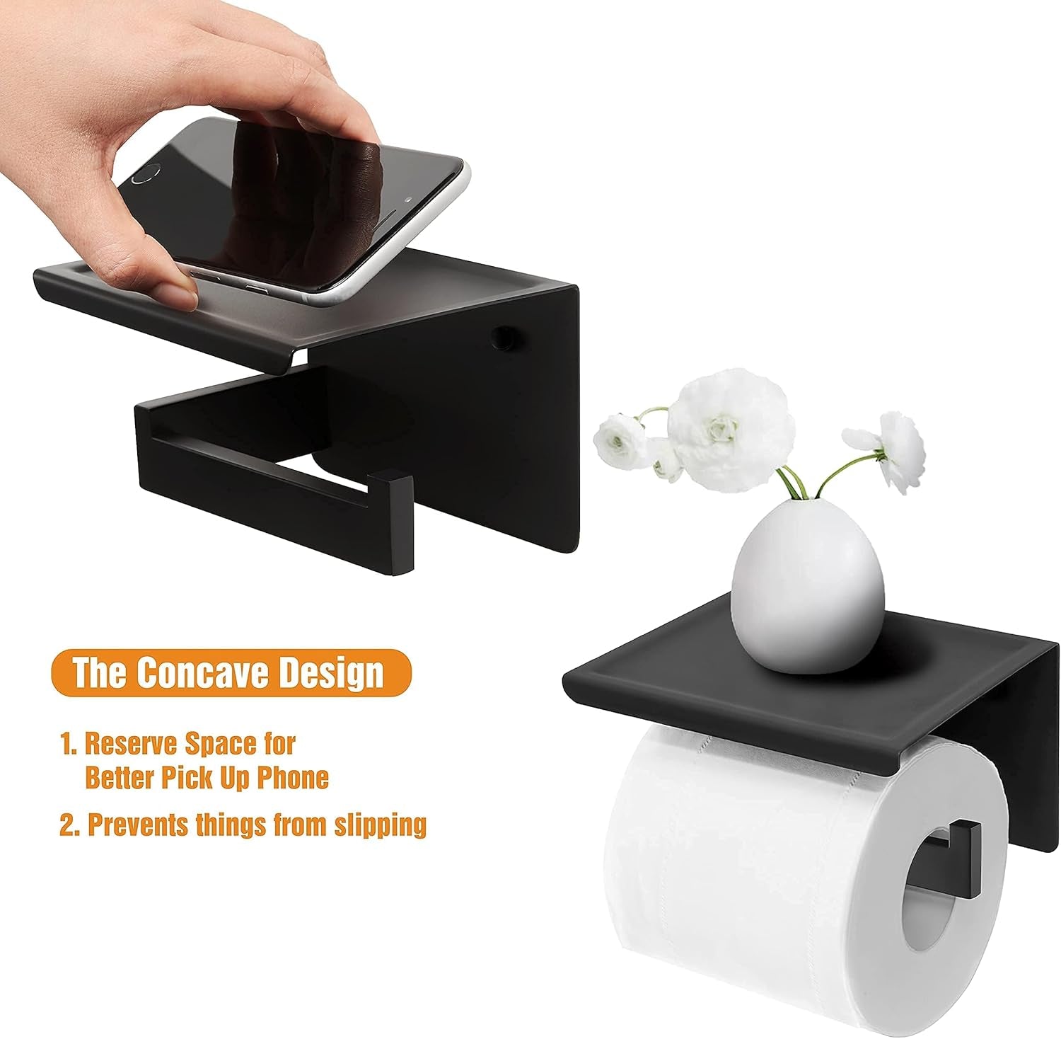 Toilet Paper Holder with Shelf, Stick on Matte Black Toilet Paper Roll Holder, Self Adhesive or Wall-Mount with Screws for Bathroom,Washroom