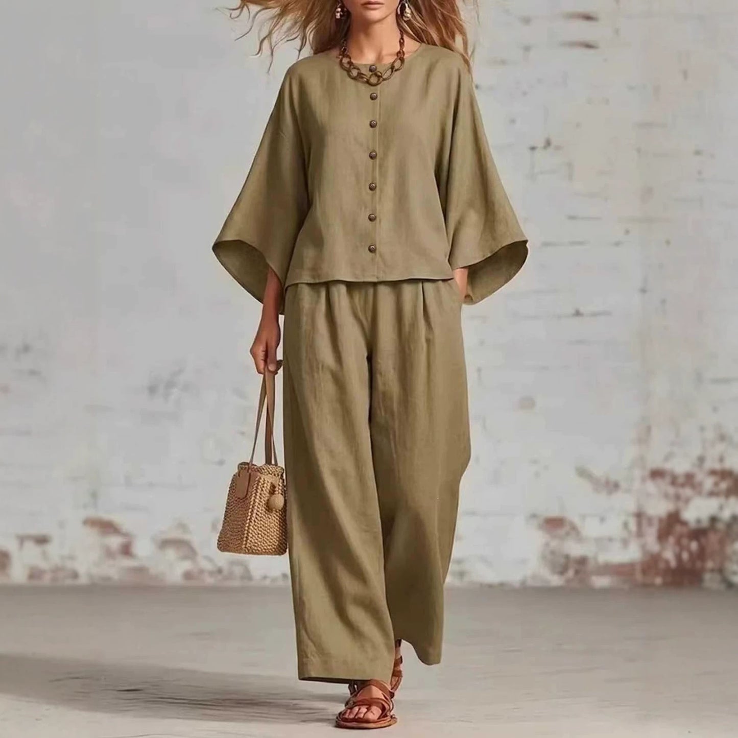 Womens Cotton Linen Wide Leg Pants Set
