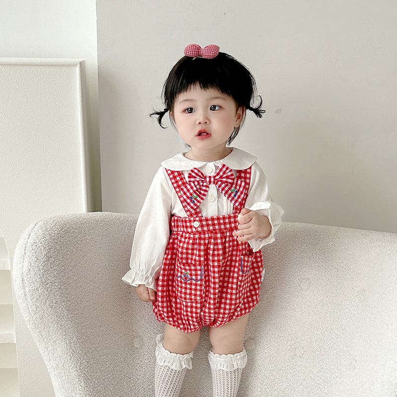 Cute Kids Plaid Romper Set Spring and Autumn New Style Triangle One-Piece 2-Piece Overalls Baby Bodysuit