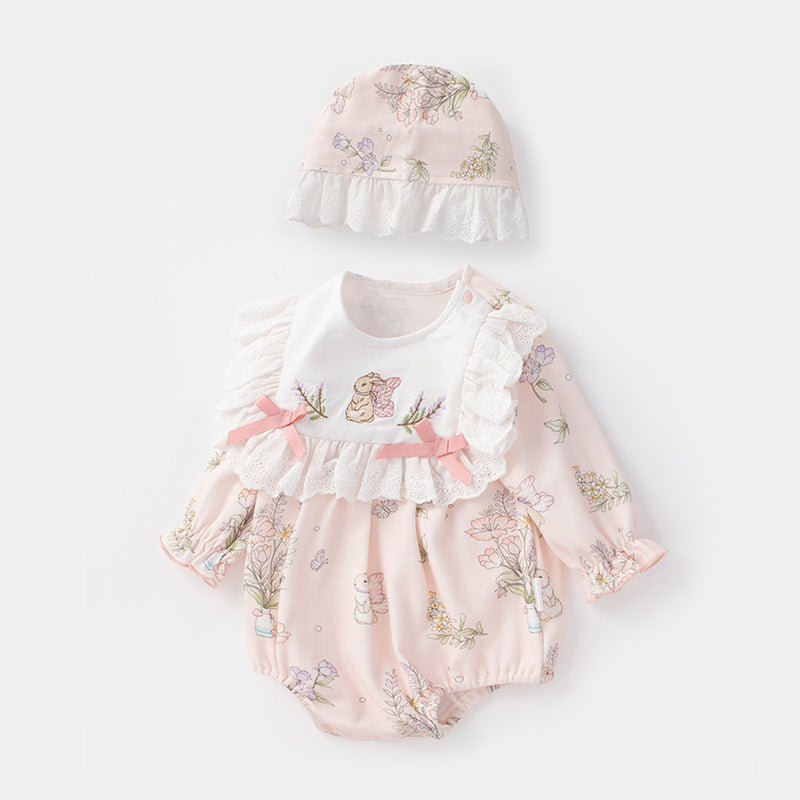 Baby Pure Cotton Bodysuit Princess Print Full Moon Onesie with Hood for Girls Spring/Autumn Wear
