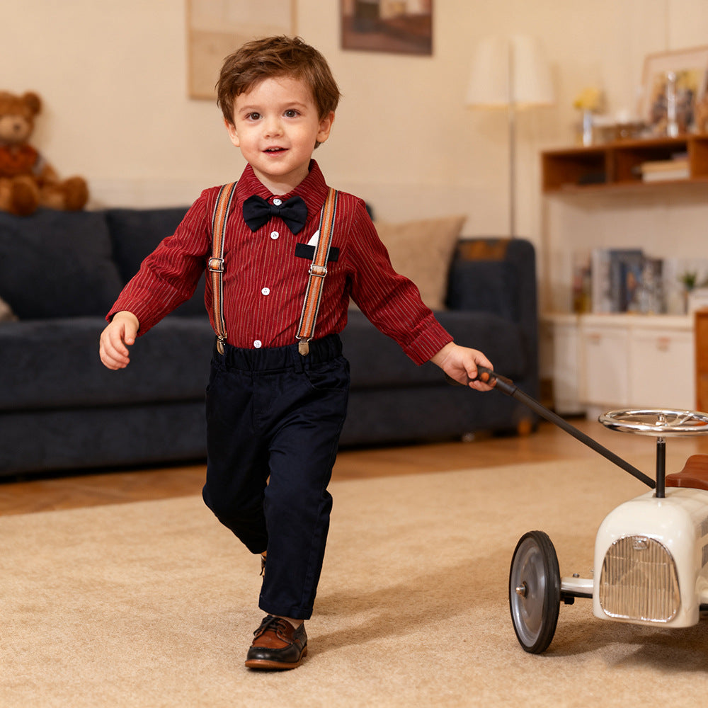 Four piece set of long sleeved shirt and overalls