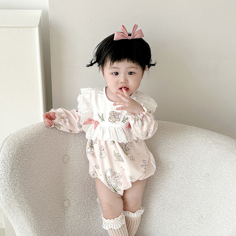 Baby Pure Cotton Bodysuit Princess Print Full Moon Onesie with Hood for Girls Spring/Autumn Wear