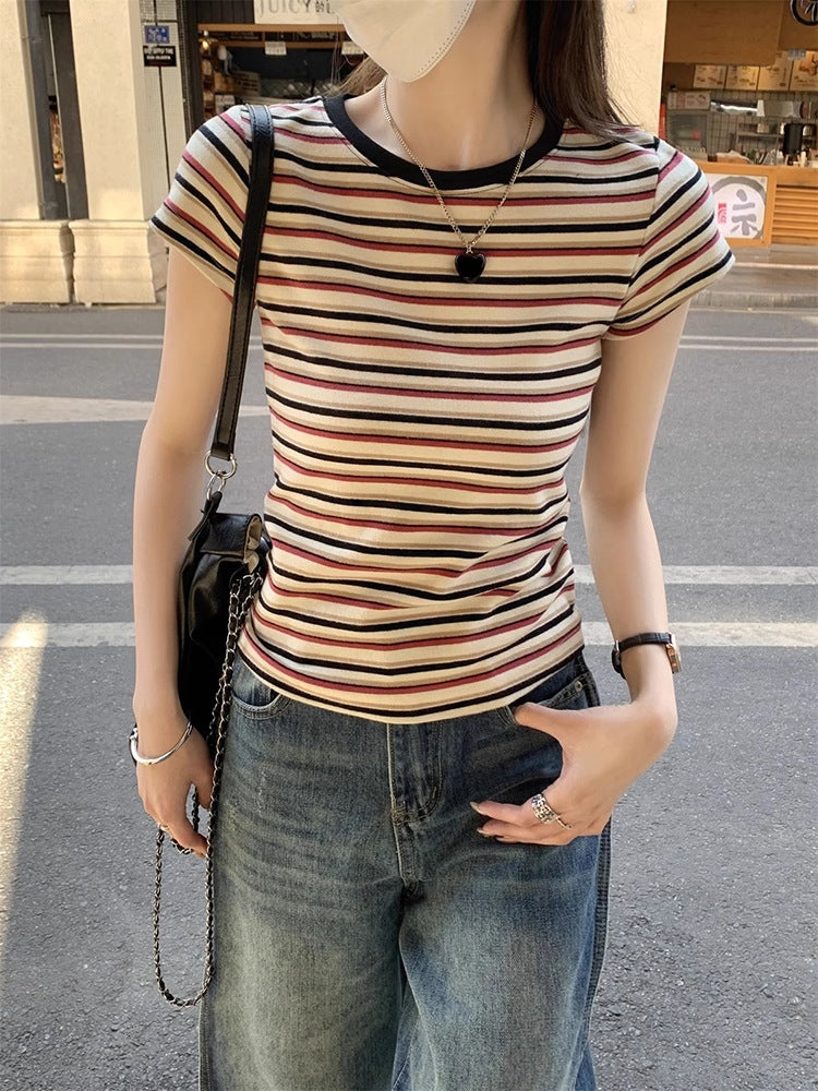 Retro Striped Short Sleeve T-Shirt for Women