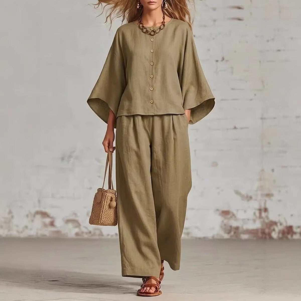 Womens Cotton Linen Wide Leg Pants Set