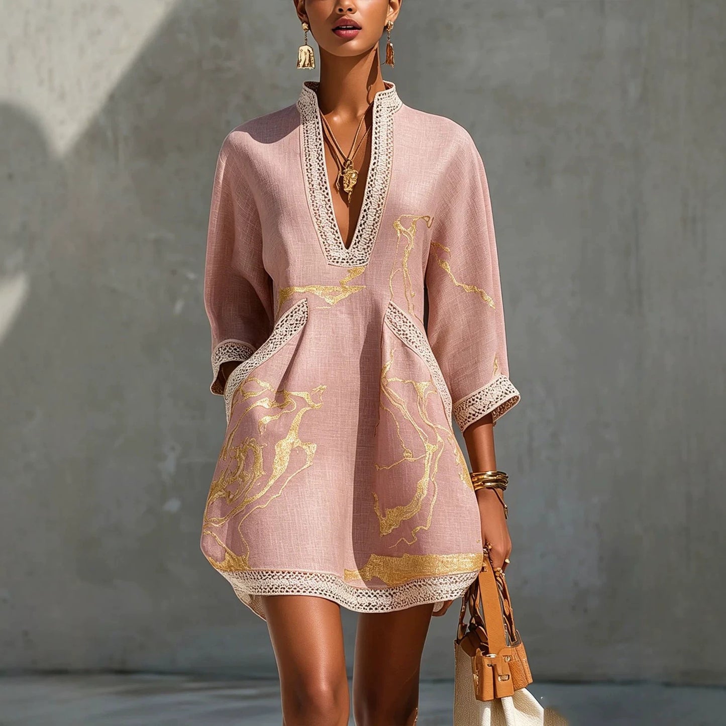 Printed lace trimmed seven quarter sleeved cotton linen short dress