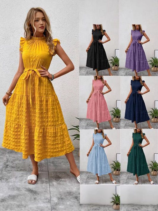 Womens Ruffled Sleeve Tie Textured Dress