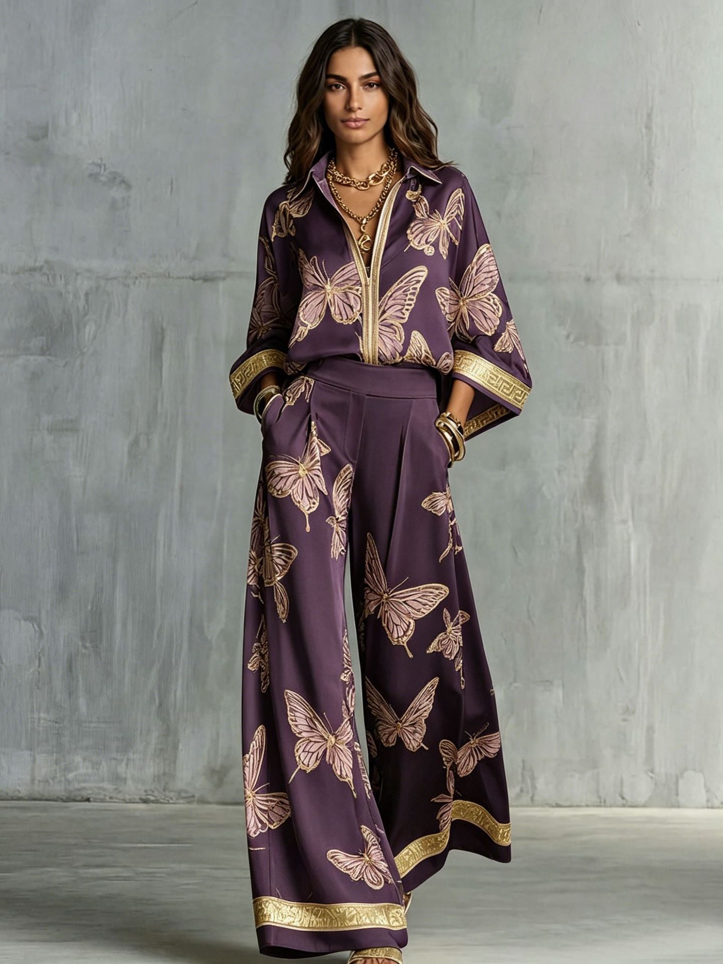 Style Women's Retro Printed Sexy Deep V Neck Loose Zipper Top with Wide Leg Pants Two-Piece Set