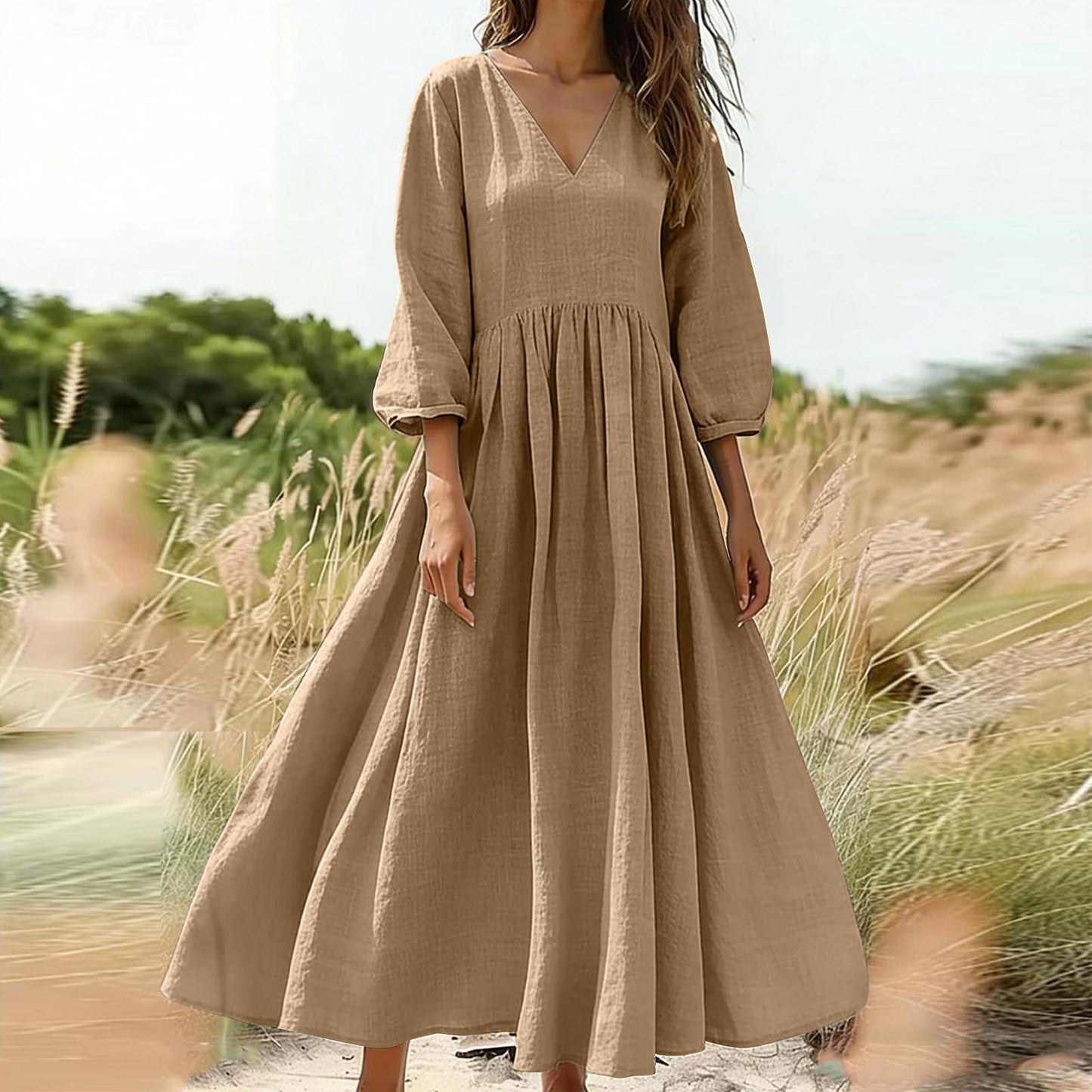 V-neck pleated dress