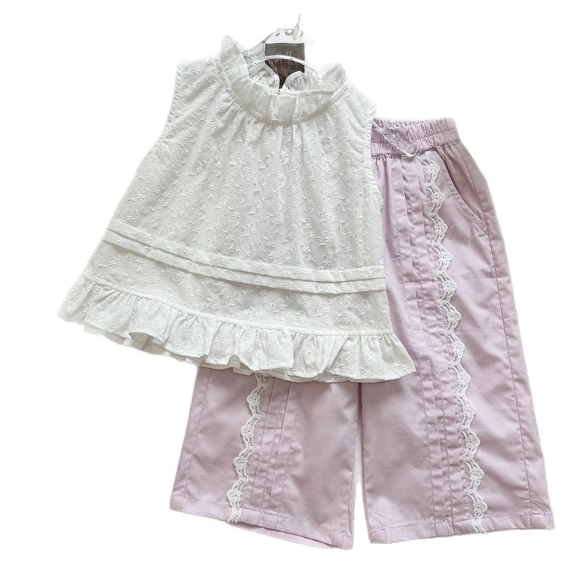 Summer Girls' Set Embroidered Flower Sleeveless Top Lace Wide Leg Pants Two-Piece Outfit