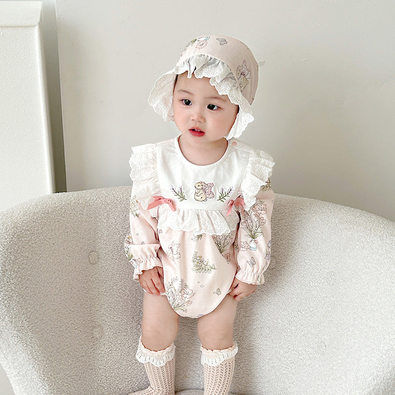 Baby Pure Cotton Bodysuit Princess Print Full Moon Onesie with Hood for Girls Spring/Autumn Wear