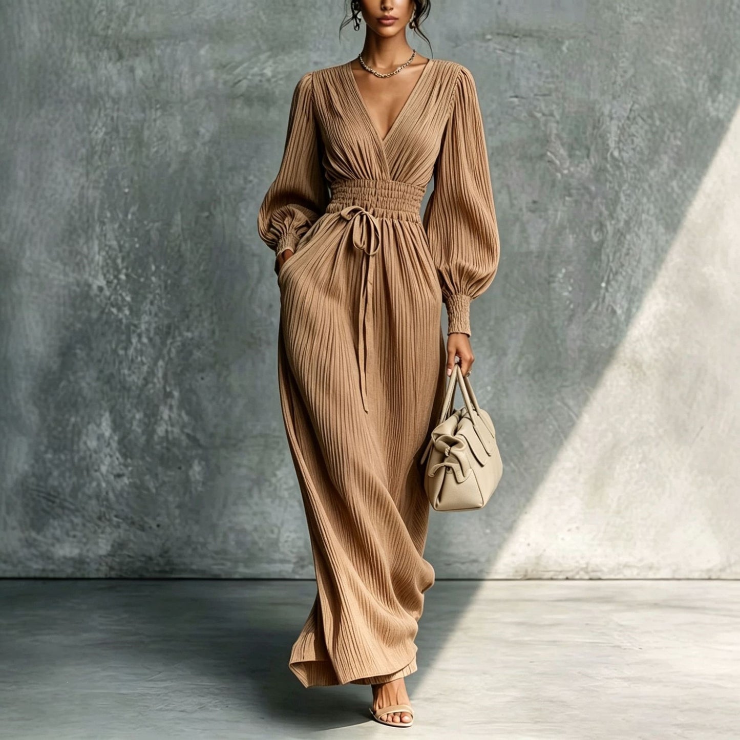 Solid color casual waist cinched long sleeved dress