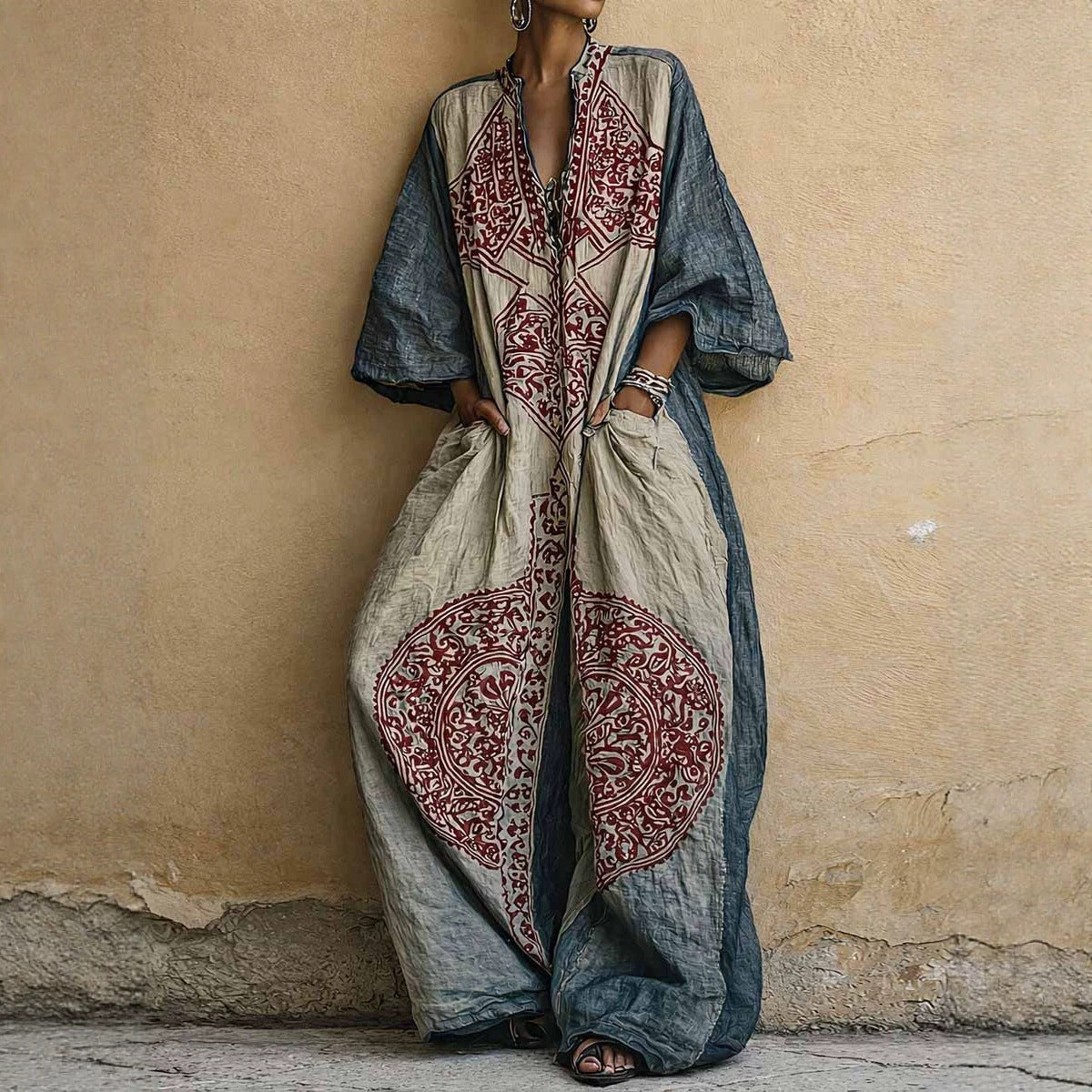 Printed Bohemian style wide leg jumpsuit for women