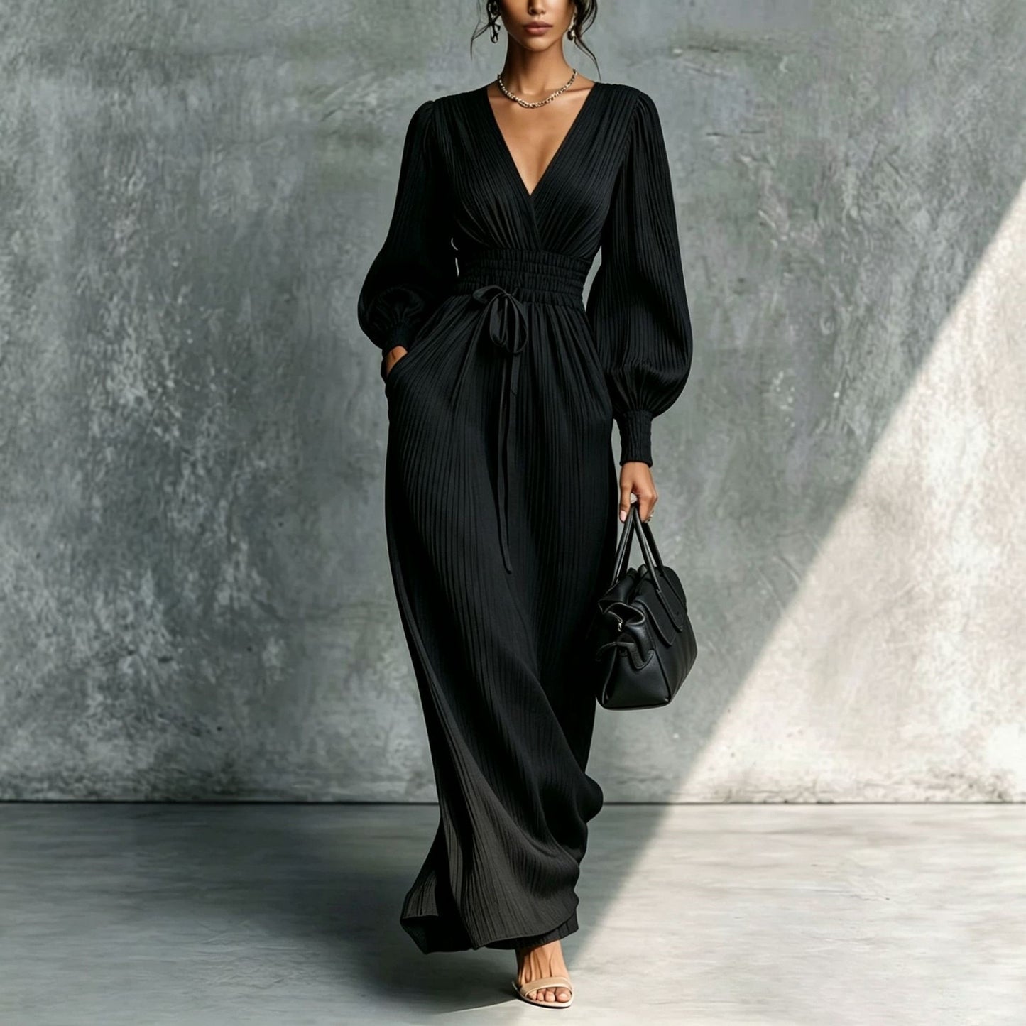 Solid color casual waist cinched long sleeved dress