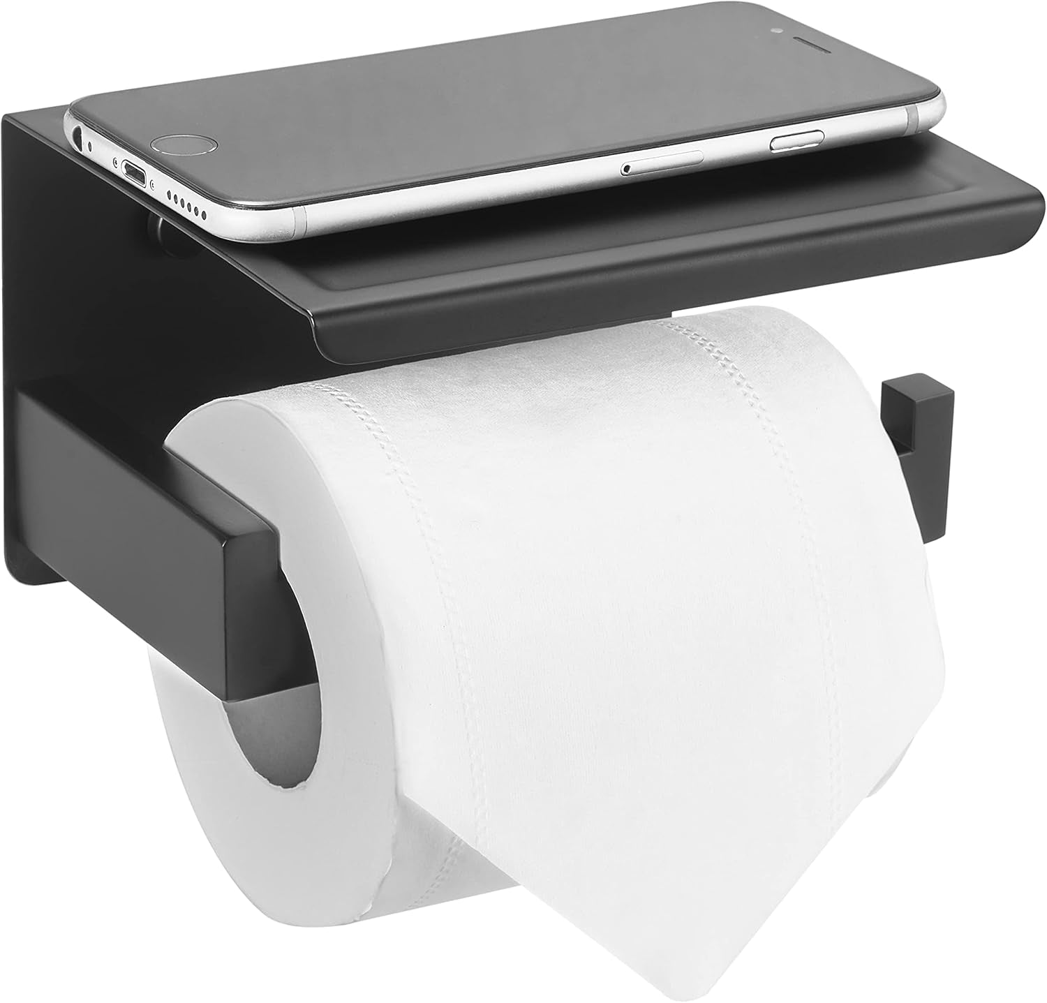 Toilet Paper Holder with Shelf, Stick on Matte Black Toilet Paper Roll Holder, Self Adhesive or Wall-Mount with Screws for Bathroom,Washroom