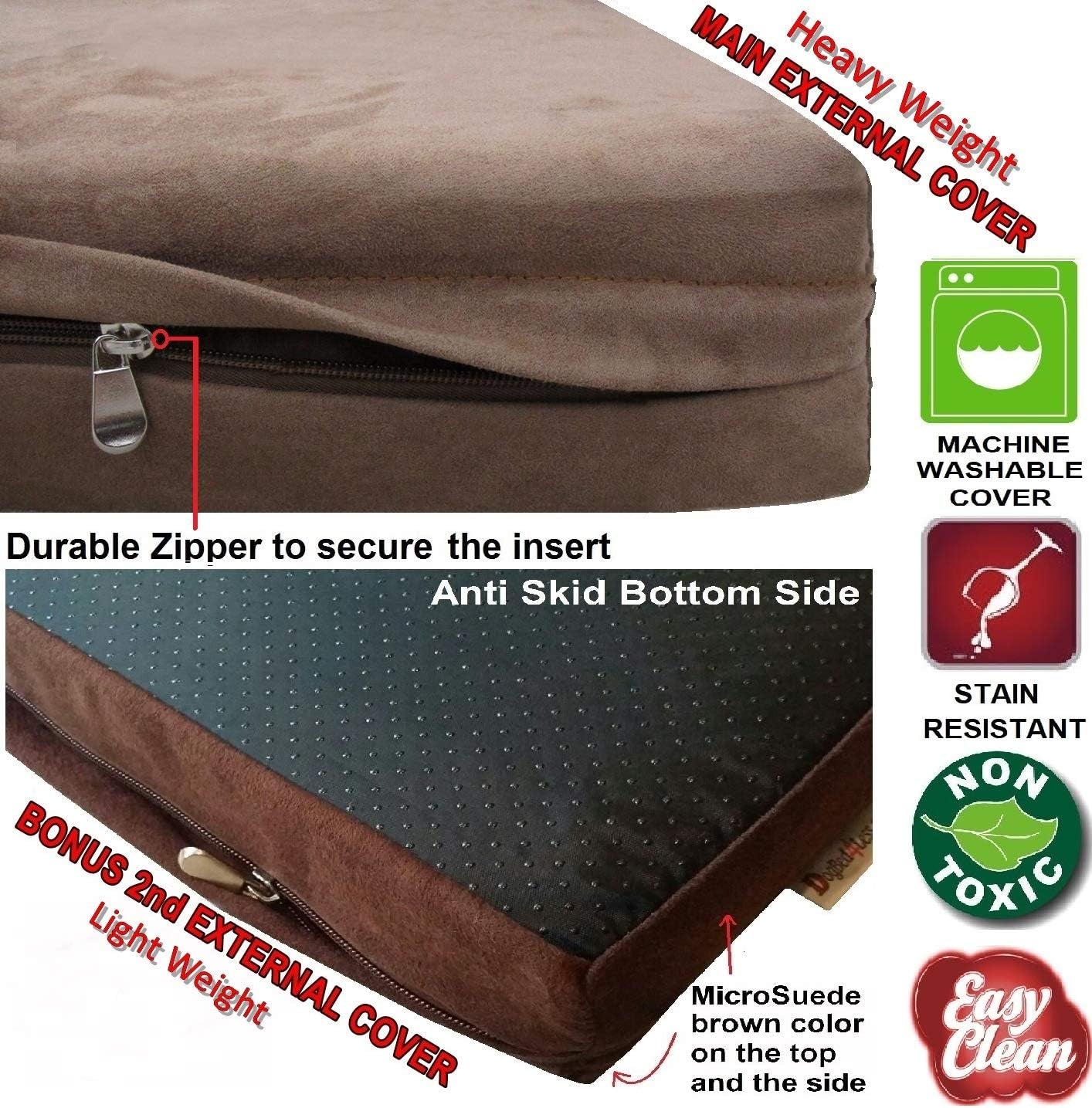 Orthopedic Memory Foam Dog Bed with Brown Suede Cover, Waterproof Liner and Extra Replacement Pet Bed Case, Fit 42"X28" Large Crate