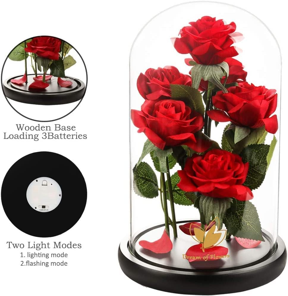 Mothers Day Rose Gifts for Women,Beauty and Beast Rose in Glass Dome with LED Light,Glass Rose Flower Gifts for Family Valentines Birthday Gifts for Women Mom Wife Girlfriend Friend Forever Red Rose